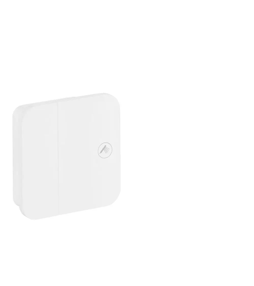 Weißes Unterputz-Abschlussventil von AXOR, rechteckige Form mit einer klaren Oberfläche und einer Knopfbedienung für die Steuerung. Ideal für verborgene Installationen.